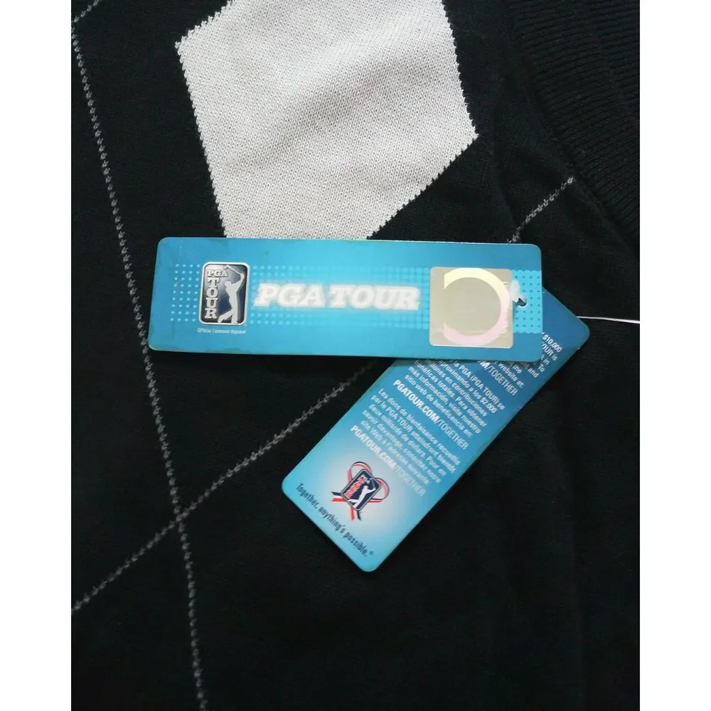 PGA TOUR Argyle Sweater Vest XXL NWT Black White 100% Cotton Golf V-Neck